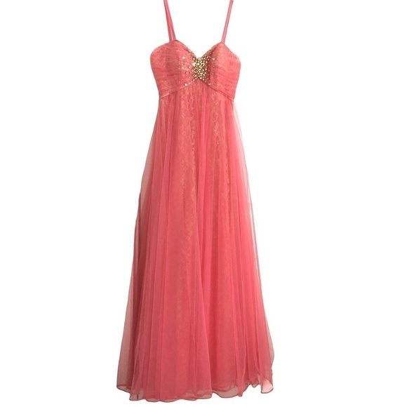 SHERRI HILL Coral Pink Embellished Tulle & Lace Full Length Gown - Picture 1 of 11